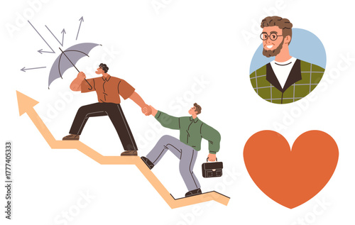 Two coworkers climbing an upward arrow, one shielding with an umbrella, symbolizing mentorship and resilience. Includes profile portrait and heart icon. Ideal for leadership, teamwork, support