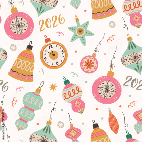 Vector Christmas seamless pattern with Retro Christmas balls. Perfect for Christmas paper, fabric and gift designs