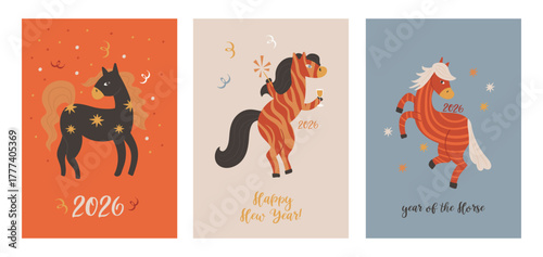 A set of New Year's cards featuring horses as the symbol of 2026. New Year's posters in A4 format