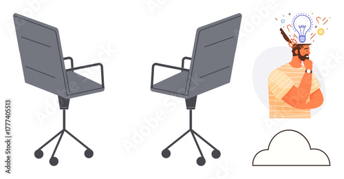 Two office chairs on wheels facing each other, man brainstorming with floating light bulb and gears. Ideal for teamwork, problem solving, creativity, innovation, productivity, collaboration, simple