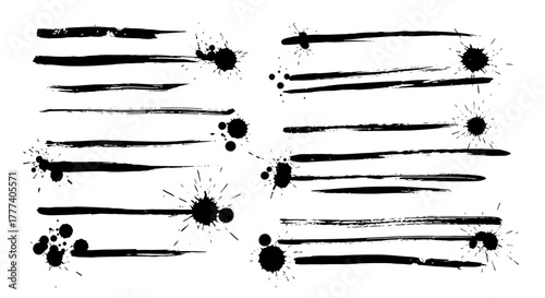Black ink brush strokes and splatters on white background assorted sizes and configurations