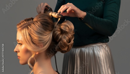 Close up of blonde woman getting hair curled by a stylist in silver skirt. Concept for bridal hairstyle, high fashion beauty and luxurious salon treatment