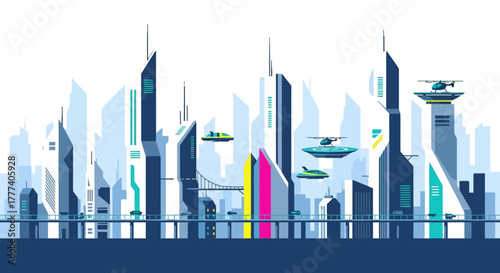 Futuristic Cityscape with Flying Vehicles.
