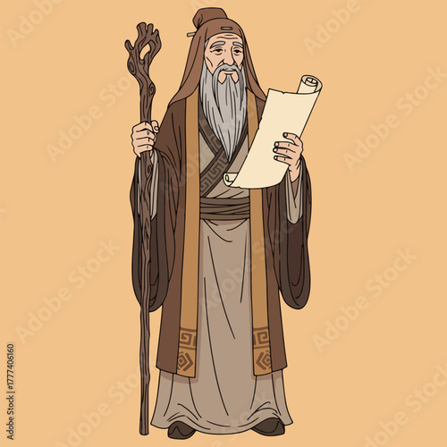 Wise sage character in long robe, holding staff and scroll