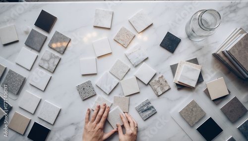 Overhead shot of woman selecting ceramic tiles for interior design on white marble background, concept for renovation planning, home decoration and material selection © Rifqi
