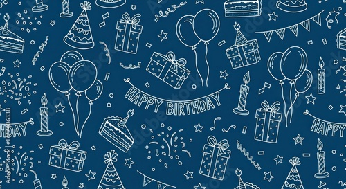 Birthday doodles white outlines on blue