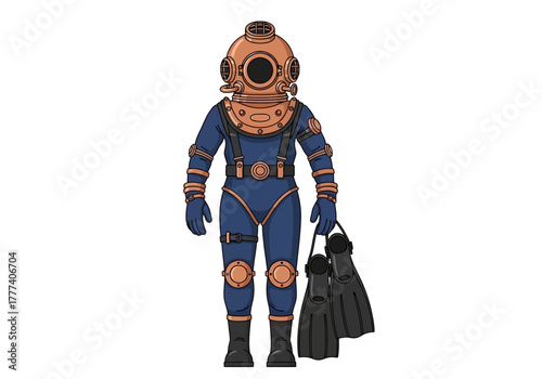 Cartoon Illustration of a Vintage Diving Suit with Fins.