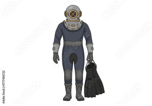 Cartoon Diver in Vintage Diving Suit Holding Fins Ready for Underwater Exploration.