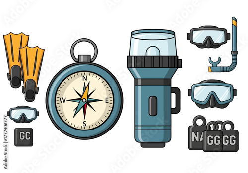 Scuba Diving Equipment: Fins Compass Flashlight Mask Snorkel and Weights.