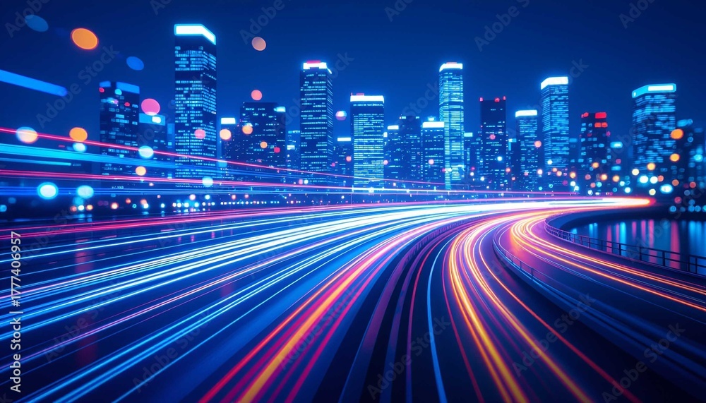 Fototapeta premium Futuristic city skyline glowing with blue light trails, showing speed, motion, and modern digital technology