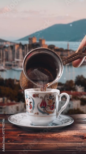 Serving traditional Turkish coffee with Bodrum Castle and marina view