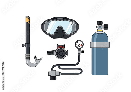 Scuba Diving Gear Set with Mask Snorkel Regulator and Tank Illustration.