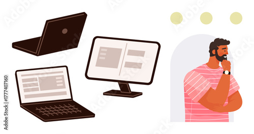 Various laptops and a desktop computer screen with interface designs, next to a thoughtful man. Ideal for technology, innovation, decision-making, creativity, analysis, problem-solving, simple flat