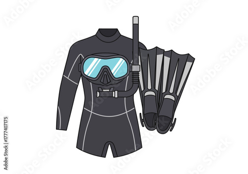 Complete Scuba Diving Gear Set Illustration on White.