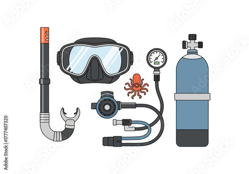 Complete Scuba Diving Gear Set Illustration on White Background.
