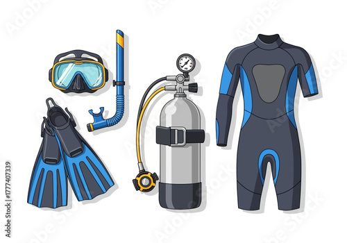 Complete Scuba Diving Gear Set Illustration on White.