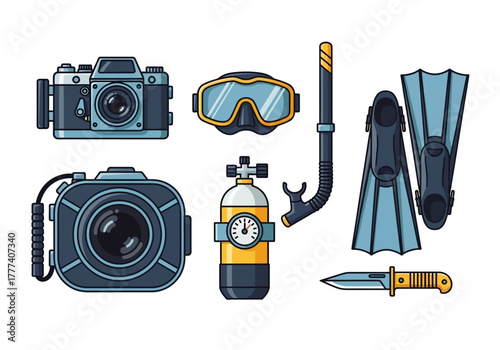 Scuba Diving Equipment Set with Cameras Mask Tank Fins Snorkel and Knife.