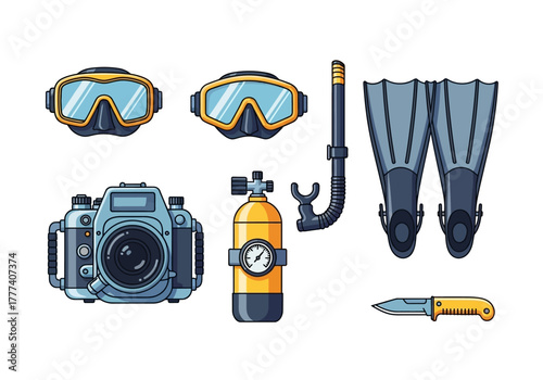 Collection of Scuba Diving Equipment Illustration on White.