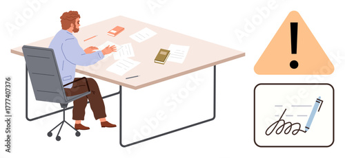 Male professional sorting papers at a desk accompanied by a triangular caution sign and contract signature icon. Ideal for workflow, paperwork, productivity, organization, warning, office work