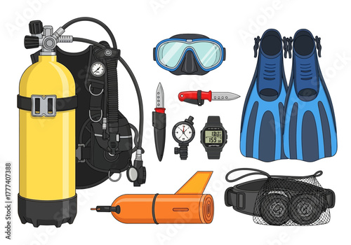 Scuba Diving Equipment Set on White Background.