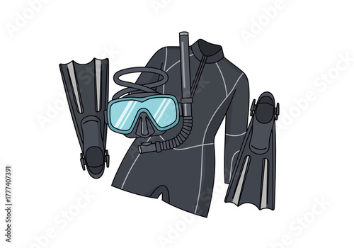 Complete Scuba Diving Gear Set Illustration on White.