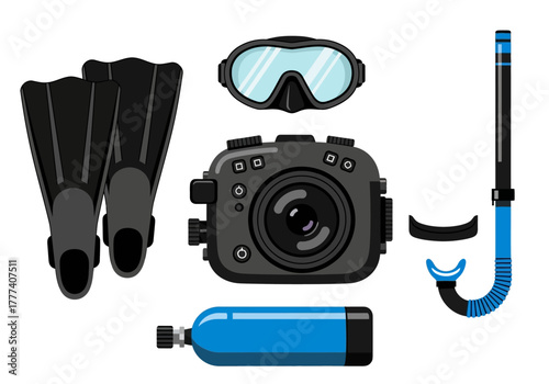 Scuba Diving Gear Set with Camera Fins Mask Snorkel and Tank.