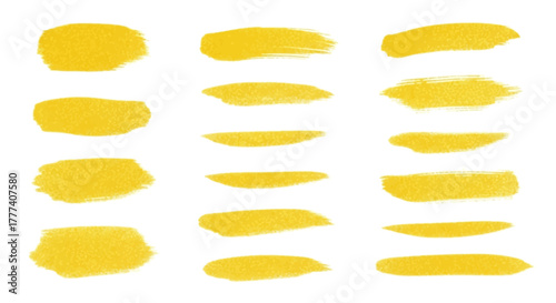 Graphic of 15 yellow paint strokes textures vary on a white background