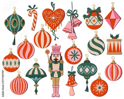 Retro Pink Vintage Christmas Ornaments Illustrations Isolated