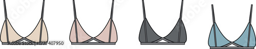 Set of minimalist vector bralette and bikini top icons in diverse muted colors, ideal for modern fashion, intimate apparel, and swimwear design resources