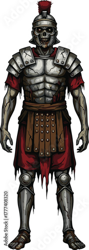 Skeletal Roman soldier, undead gladiator in ancient armor, horror fantasy character, zombie warrior illustration, eerie mythological fighter, battle-worn historical undead art
