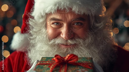 First appearing on camera, Santa impersonator offering wrapped present at home, with bokeh lights