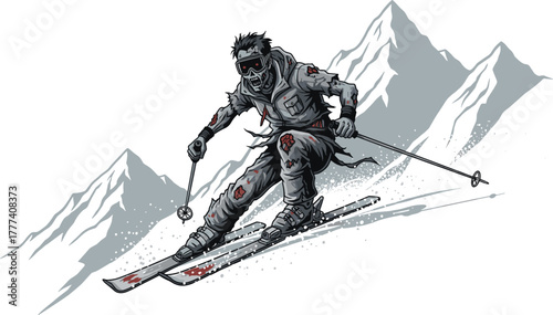 Skiing adventure, winter sport, mountain slope, alpine skier, snow-covered peaks, ski gear, motion action, vector illustration, outdoor activity, cold weather scene