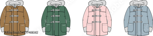 A stylish collection of classic winter duffle coats in four different colors, isolated vector illustration set for fashion concepts