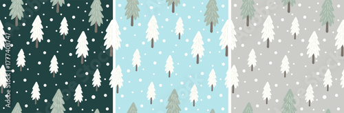 Scandinavian Winter Forest Seamless Pattern Set. Hygge Minimalist Christmas Tree Background.
