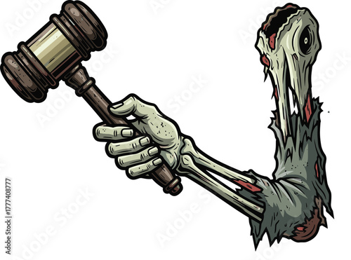 Zombie arm with gavel illustration, undead justice symbol, horror courtroom concept, creepy legal authority, decayed judgment theme, eerie law art, dark corruption design