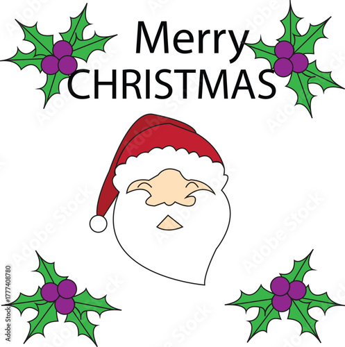 Merry Christmas Greeting with Santa Face and Holly Leaves on White Background