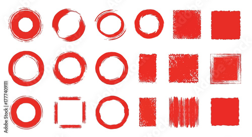 Redhued brushstroke circles and squares arrayed across a plain backdrop