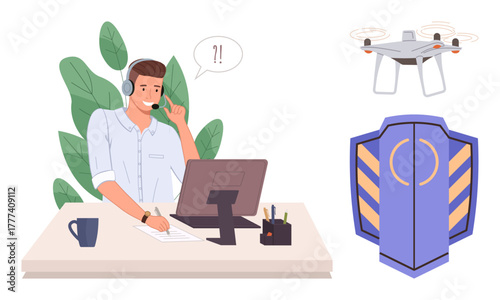 Customer support agent working on desktop, speaking into headset with shield and quadcopter graphics. Ideal for cybersecurity, communication, technology, support systems, protection, service, safety