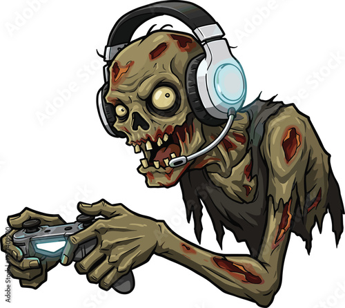 Zombie cartoon character, undead gamer, horror vector, glowing headset, video game controller, spooky Halloween theme, creepy player, tattered clothes, intense expression, green monster