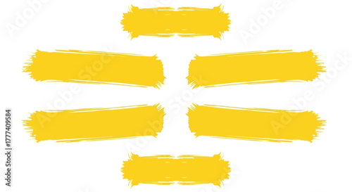 Six yellow brushstroke rectangles are centered on a white background arranged in two rows with a smaller rectangle above and below