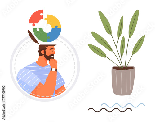 Male figure ponders with multicolored puzzle head symbolizing critical thinking, ideas, and self-reflection, placed near a potted plant. Ideal for psychology, creativity, mental health, growth