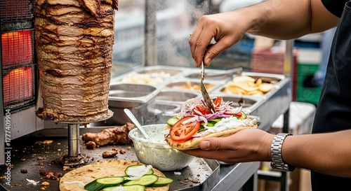 Fototapeta Naklejka Na Ścianę i Meble -  Bustling Street Vendor Preparing Greek Gyro Dynamic Urban Food Scene Close-up Action
