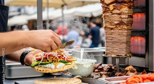 Fototapeta Naklejka Na Ścianę i Meble -  Energetic Street Vendor Carving Meat for Greek Gyro Dynamic Action Urban Street Food Scene