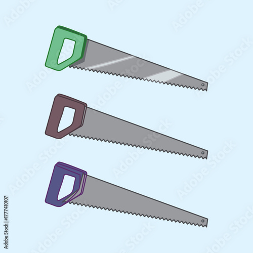 Three colorful hand saws arranged in a row against a light blue background showcasing carpentry tools for woodworking and diy projects with a clean and simple design style