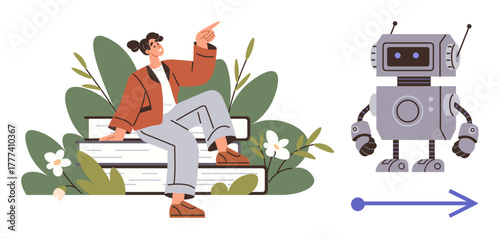 Human on wooden bench gestures toward friendly robot standing adjacent with directional arrow. Ideal for innovation, AI collaboration, tech advancement, education, futuristic lifestyle, creativity