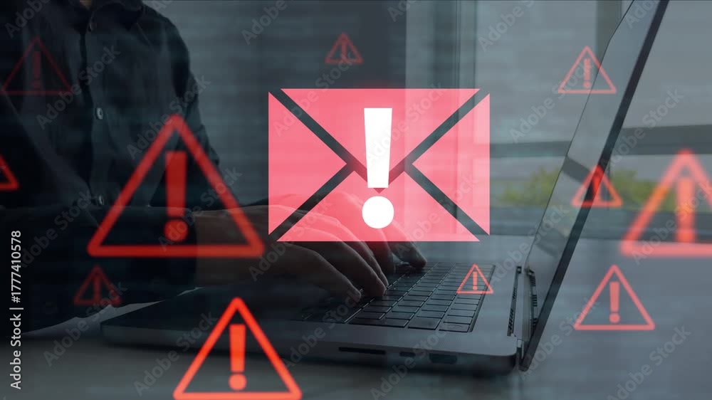 Spam email message on digital screen.Email security and virus spam alert in email. Fake text email scam.Scammers online.Cyber scam.