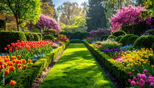 Vibrant Spring Garden Pathway Lined With Colorful Tulips And Blooming Trees Under Soft Sunlight