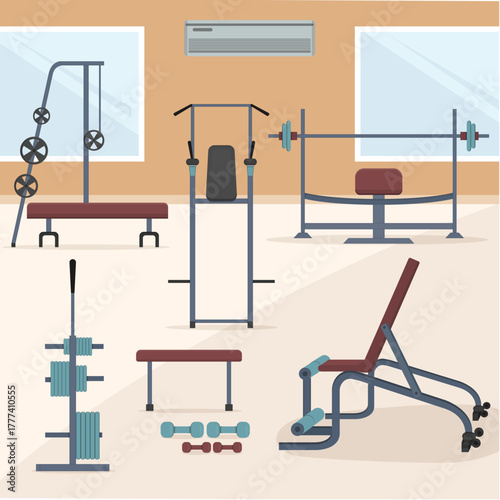 Gym equipment arranged in a fitness center with weight machines dumbbells and benches creating a workout space for strength training and exercise in a modern interior design