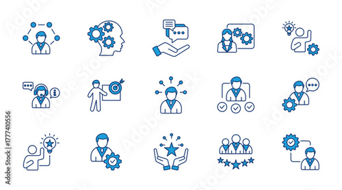 Expert thin blue icon set. Containing knowlwdge, advice, professional, competence, consultant, specific, skill, aptitude, expertise, know how . Vector illustration