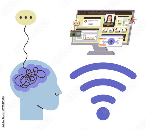 Brain with tangled thoughts connected to online workspace on computer screen and wireless icon. Ideal for technology, mental health, productivity, remote work, communication, digital connection